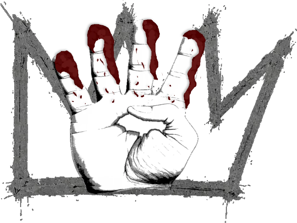 The BLDCRWN mark: a pierced hand in front of a painted crown